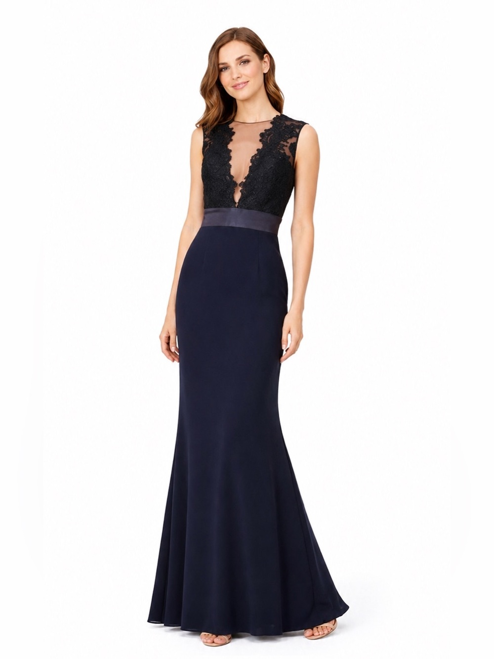 Theia Navy and Black Lace-Front Mermaid Gown
